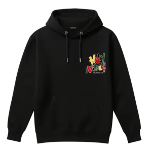 Black Holy Vibes Christian hoodie with hand-drawn Philippians 4:8 scripture design by Faithfont Apparel front